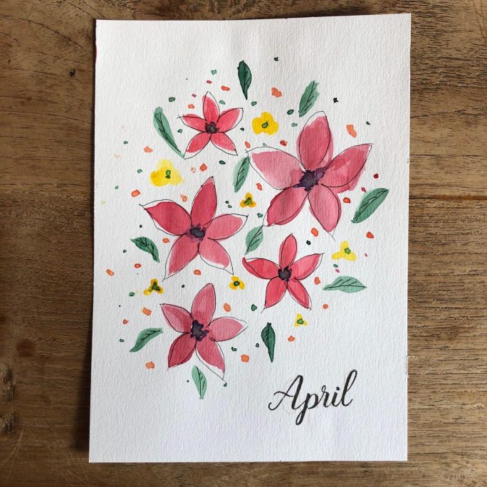 Waterverf tekening van roze bloemen en het woord April op wit papier