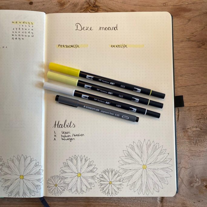 Open notitieboek met bloemenillustraties en vier pennen erop