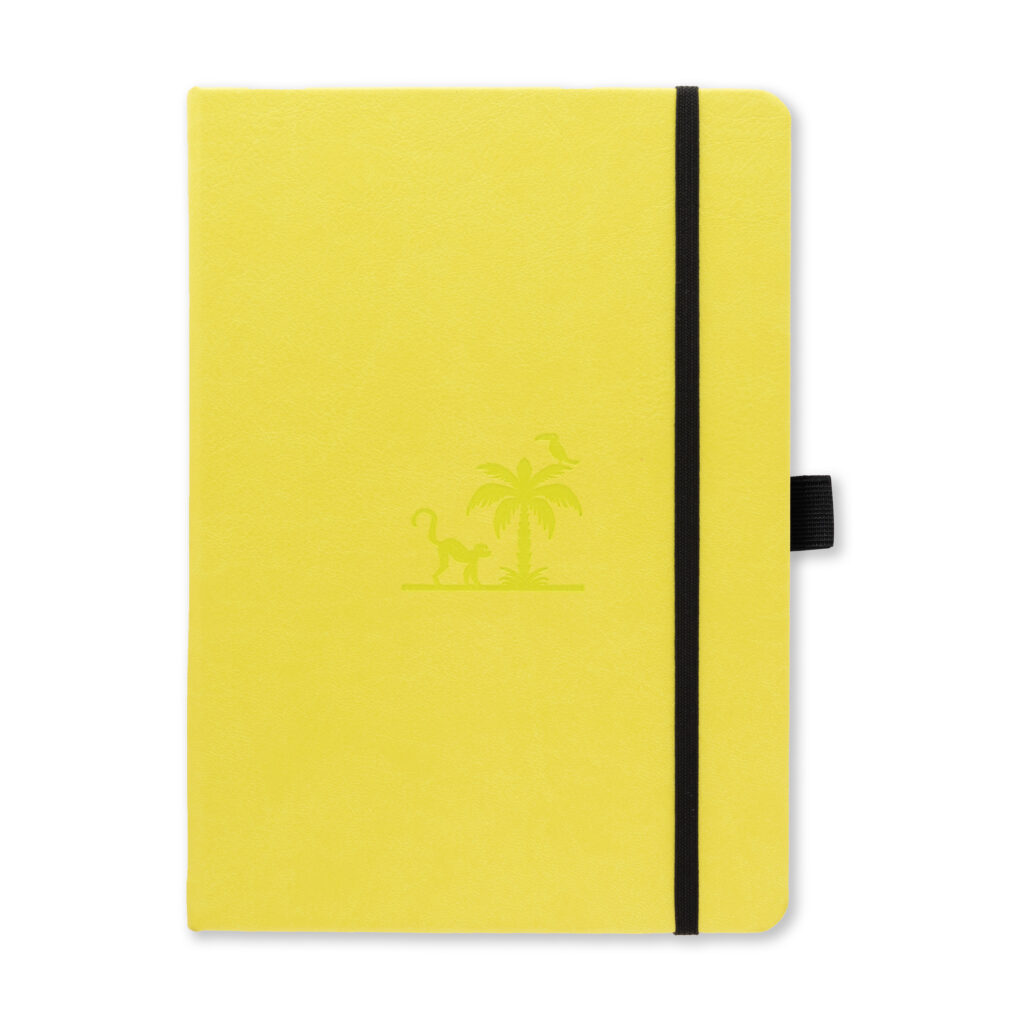 Gele notitieboek met palmboom- en aapmotief op de voorkant