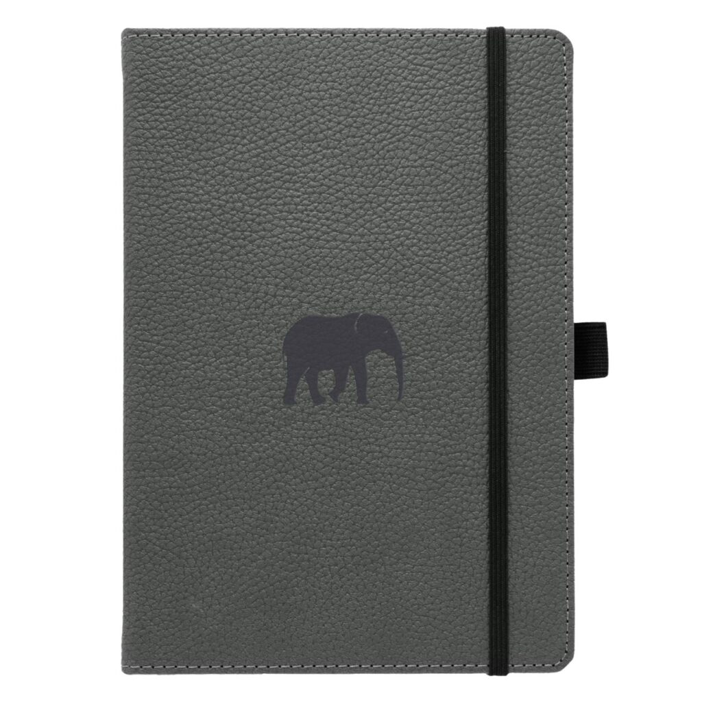 Grijze notitieboek met olifantmotief en zwarte elastiek