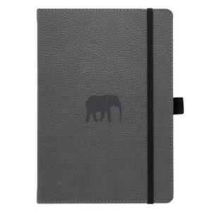 Grijze notitieboek met olifantmotief en zwarte elastiek