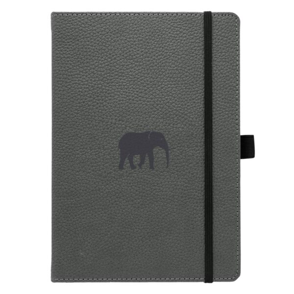 Grijze notitieboek met olifantmotief en zwarte elastiek