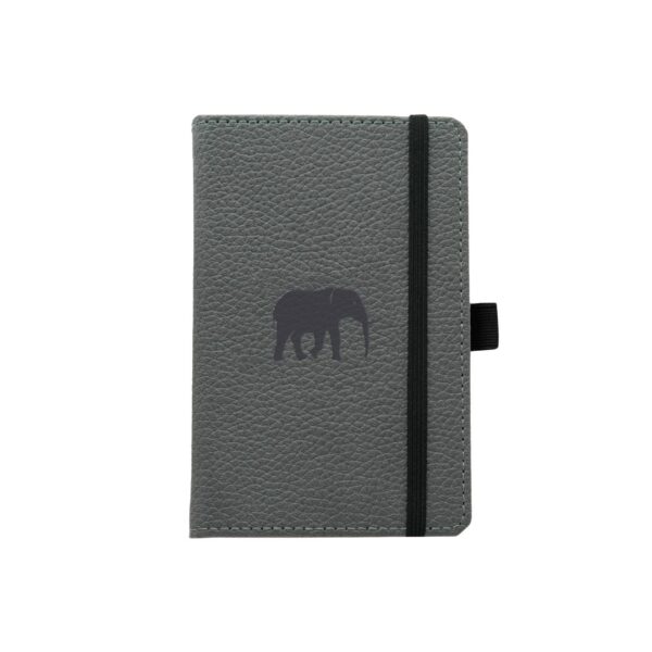 Grijs notitieboek met olifantmotief en zwarte band