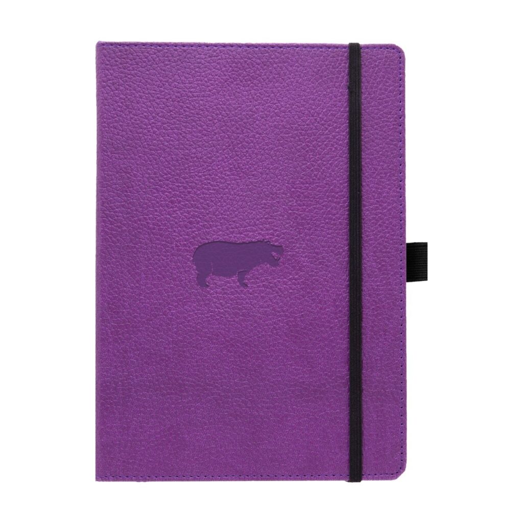 Paars notitieboek met hippo-afbeelding en zwarte band