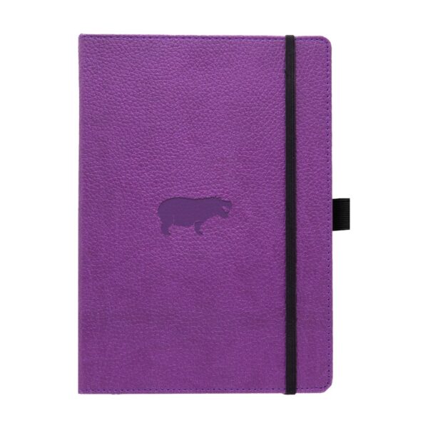Paars notitieboek met hippo-afbeelding en zwarte band