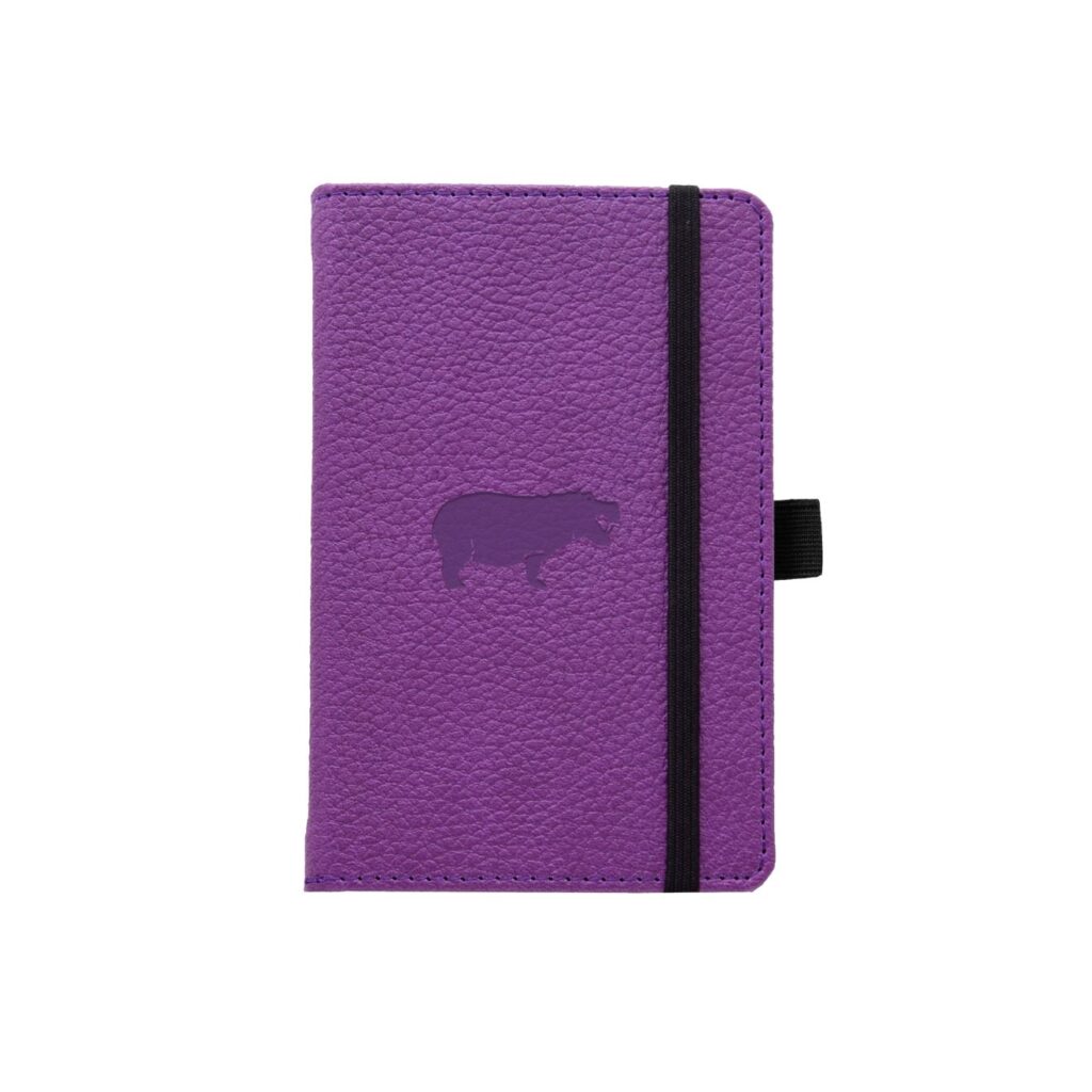Paars notitieboek met hippo-afbeelding en zwarte band