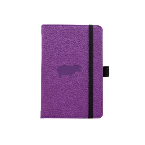 Paars notitieboek met hippo-afbeelding en zwarte band