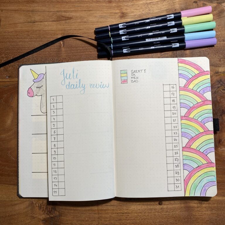 Open notitieboek met bullet journal spread en Tombow ABT-pennen op houten oppervlak