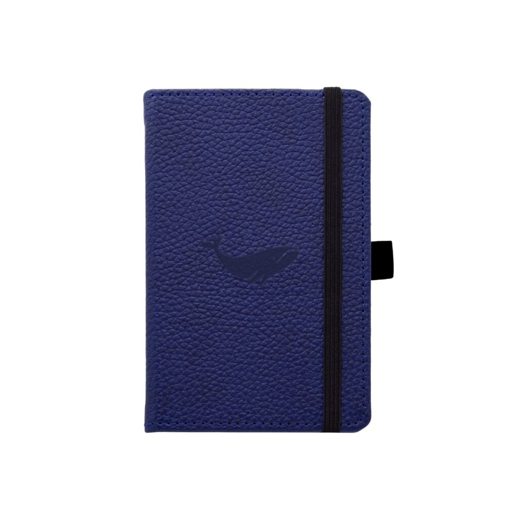 Blauw notitieboekje met walvismotief en zwarte elastiek