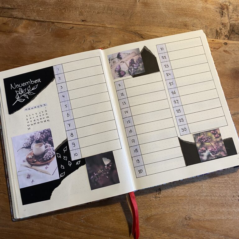 Open notitieboek met bullet journal maandoverzicht en decoratieve elementen