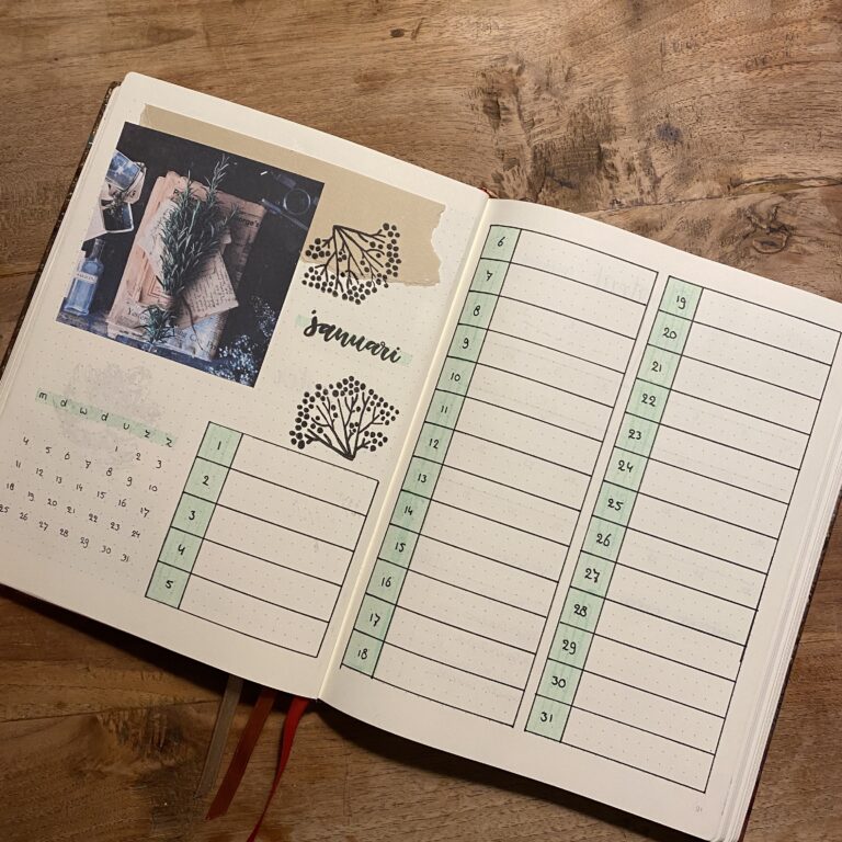 Open notitieboek met januari maandspread op houten oppervlak