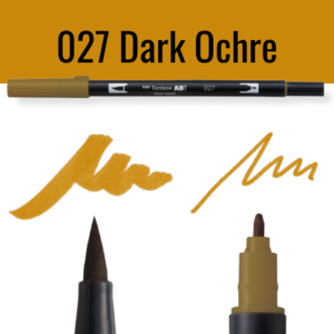 Tombow ABT pen in donker oker met schrijfvoorbeelden op zwarte achtergrond