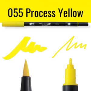 Gele Tombow ABT dual brush pen met voorbeelden van schrijfstijl op zwarte achtergrond