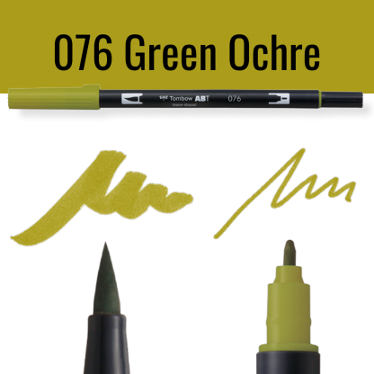 Tombow ABT Dual Brush Pen in groene ocre kleur met voorbeelden van schrijfstijl