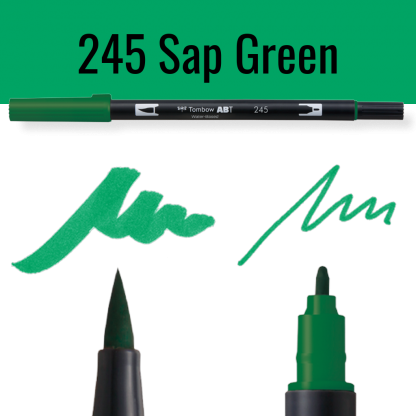 Tombow ABT pen in Sap Green met kleurvoorbeelden op zwarte achtergrond