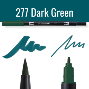 Tombow ABT pen in donkergroen met schrijfvoorbeelden op zwarte achtergrond