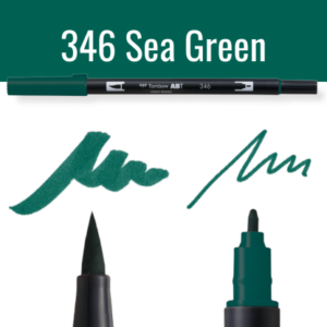 Tombow ABT pen in Sea Green met schrijfvoorbeelden op zwarte achtergrond