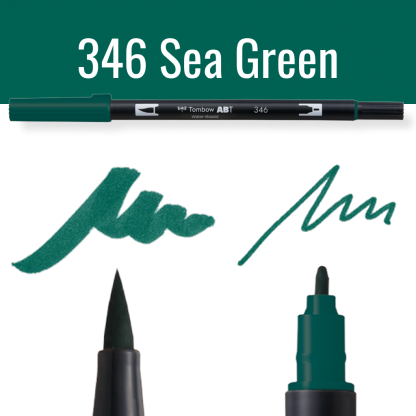 Tombow ABT pen in Sea Green met schrijfvoorbeelden op zwarte achtergrond