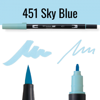 Tombow ABT pen in kleur 451 Sky Blue met voorbeelden van schrijfstijl