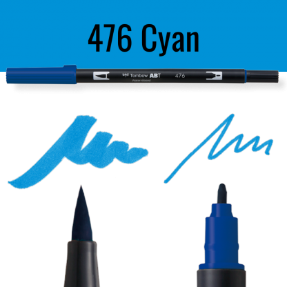 Tombow ABT Dual Brush pen in kleur 476 Cyan met voorbeelden van schrijfstijl