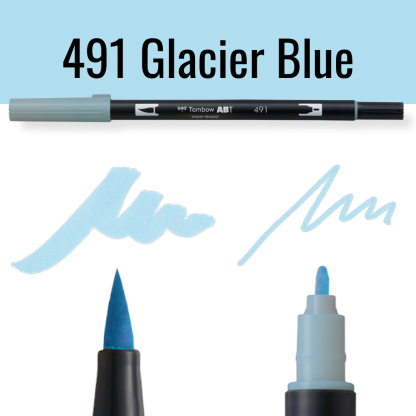 Tombow ABT pen in kleur 491 Glacier Blue met voorbeelden van schrijfstijl