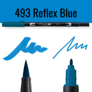 Tombow ABT pen in Reflex Blue met schrijfvoorbeelden op zwarte achtergrond