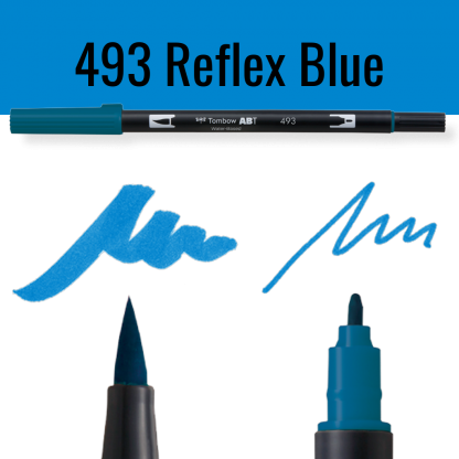 Tombow ABT pen in Reflex Blue met schrijfvoorbeelden op zwarte achtergrond