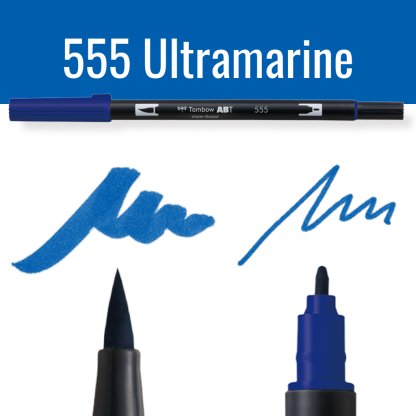 Tombow ABT pen in Ultramarine blauw met voorbeelden van schrijfstijl