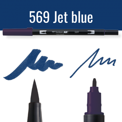 Tombow ABT pen in kleur 569 Jet blue met voorbeelden van schrijfstijl