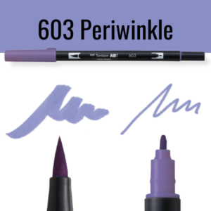 Tombow ABT pen model 603 Periwinkle met voorbeelden van schrijfstijl