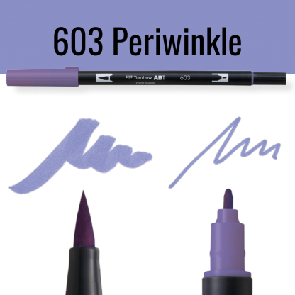 Tombow ABT pen model 603 Periwinkle met voorbeelden van schrijfstijl