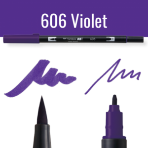 Paarse Tombow ABT dual brush pen met kleurvoorbeelden op zwarte achtergrond