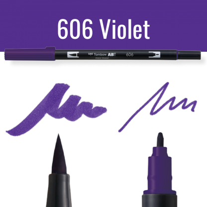 Paarse Tombow ABT dual brush pen met kleurvoorbeelden op zwarte achtergrond