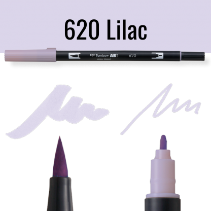 Tombow ABT pen in kleur Lilac met schrijfvoorbeelden op zwarte achtergrond