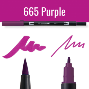 Tombow ABT pen in paars met voorbeelden van schrijfstijl op zwarte achtergrond