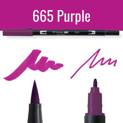 Tombow ABT pen in paars met voorbeelden van schrijfstijl op zwarte achtergrond