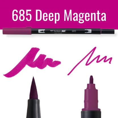 Tombow ABT pen in Deep Magenta met kleurvoorbeelden op zwart