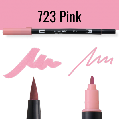 Tombow ABT Dual Brush pen in roze kleur met voorbeelden van schrijfstijl