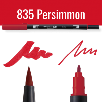 Tombow ABT pen model 835 Persimmon met rode kleur en schrijfvoorbeelden