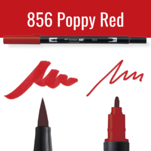 Tombow ABT pen in poppy red op witte achtergrond met voorbeelden van schrijfstijl