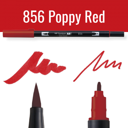 Tombow ABT pen in poppy red op witte achtergrond met voorbeelden van schrijfstijl