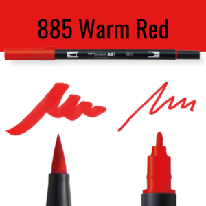 Tombow ABT pen in warm rood met schrijfvoorbeelden op zwarte achtergrond