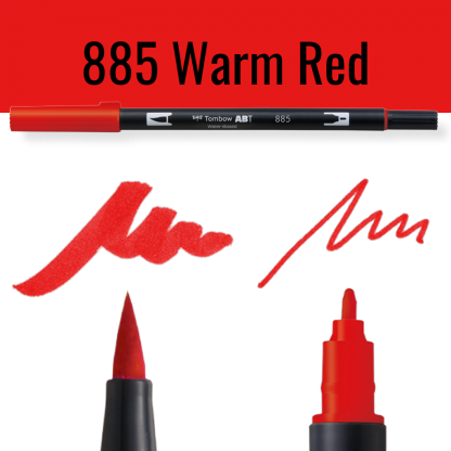 Tombow ABT pen in warm rood met schrijfvoorbeelden op zwarte achtergrond