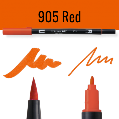 Tombow ABT dual brush pen in rood met kleurvoorbeelden op zwart