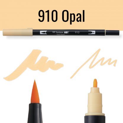 Tombow ABT pen in kleur 910 Opal met schrijfvoorbeelden op zwarte achtergrond