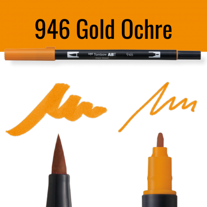Tombow ABT Dual Brush pen kleur 946 Gold Ochre met schrijfvoorbeelden