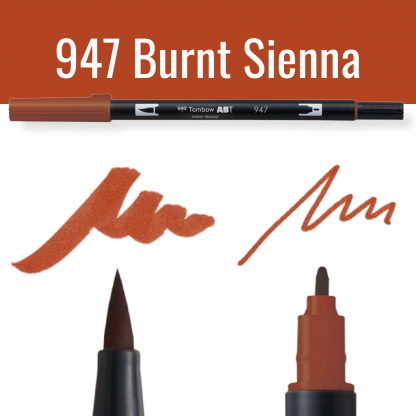Tombow ABT pen in kleur 947 Burnt Sienna met schrijfvoorbeelden