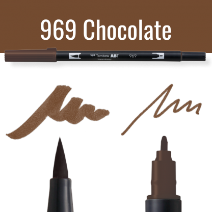 Tombow ABT pen in kleur 969 Chocolate met voorbeelden van schrijfstijl
