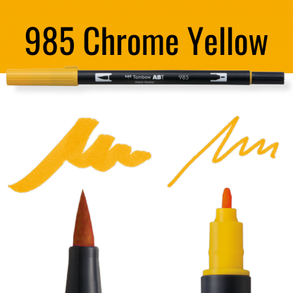 Tombow ABT Dual Brush pen in Chrome Yellow met voorbeelden van schrijfstijl