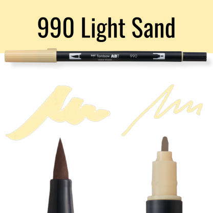Tombow ABT Dual Brush pen in kleur 990 Light Sand met voorbeelden van schrijfstijl